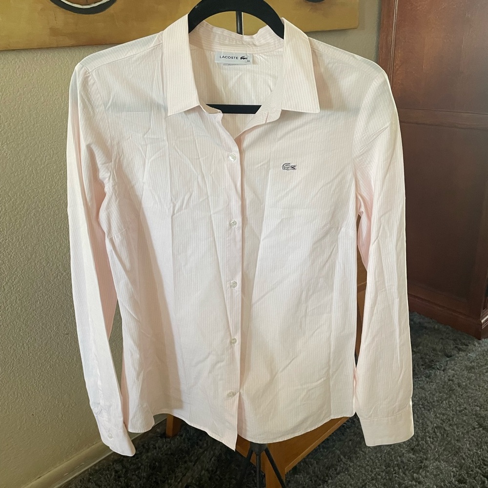 Lacoste, long sleeve, light pink & white striped shirt, normal wear, great shape